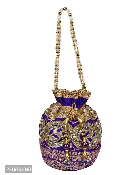 SUNVIKA HOUSE Raw Silk Floral Ethnic Rajasthani Multicolor Embroidered Potli Bag Handbag, Wristlets, Clutch for Women, Girls with Handmade (16 X 11 X 21 Cm) Color : Blue-thumb0