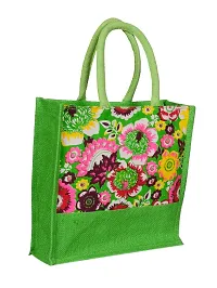 SUNVIKA HOUSE Eco-Friendly Jute Hand Bag Floral Print Reusable Tiffin Shopping Grocery Multipurpose Hand Bag with Zip  Handle for Men and Women Daily Use Carry Bag - Green-thumb1