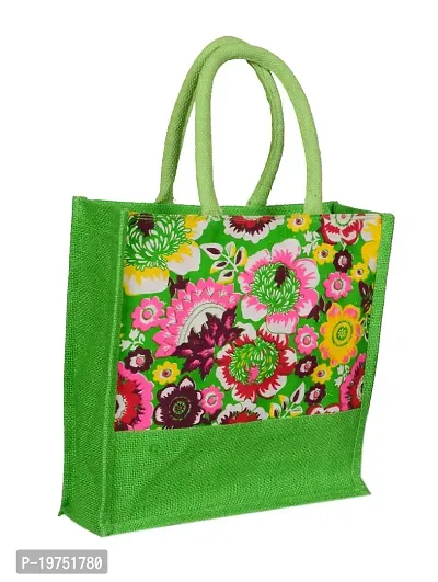SUNVIKA HOUSE Eco-Friendly Jute Hand Bag Floral Print Reusable Tiffin Shopping Grocery Multipurpose Hand Bag with Zip  Handle for Men and Women Daily Use Carry Bag - Green-thumb2