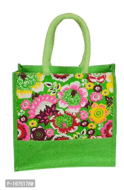 SUNVIKA HOUSE Eco-Friendly Jute Hand Bag Floral Print Reusable Tiffin Shopping Grocery Multipurpose Hand Bag with Zip  Handle for Men and Women Daily Use Carry Bag - Green-thumb0
