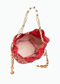 SUNVIKA HOUSE Raw Silk Floral Ethnic Rajasthani Multicolor Embroidered Potli Bag Handbag, Wristlets, Clutch for Women, Girls with Handmadeg (16 X 11 X 21 Cm) Color : Red-thumb1