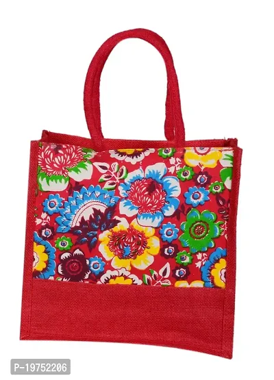 SUNVIKA HOUSE Eco-Friendly Jute Hand Bag Floral Print Reusable Tiffin Shopping Grocery Multipurpose Hand Bag with Zip  Handle for Men and Women Daily Use Carry Bag - Red