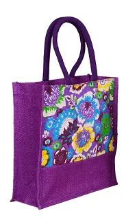 SUNVIKA HOUSE Eco-Friendly Jute Hand Bag Floral Print Reusable Tiffin Shopping Grocery Multipurpose Hand Bag with Zip  Handle for Men and Women Daily Use Carry Bag - Purple-thumb1