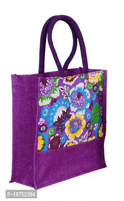 SUNVIKA HOUSE Eco-Friendly Jute Hand Bag Floral Print Reusable Tiffin Shopping Grocery Multipurpose Hand Bag with Zip  Handle for Men and Women Daily Use Carry Bag - Purple-thumb2