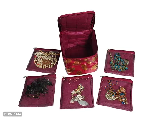 SUNVIKA HOUSE Brocade Jewellery Box/Organizer Set of 10 Pouch organizer | Design : solid | Color : mehrun | Material :brocade | Pack of 1-thumb2