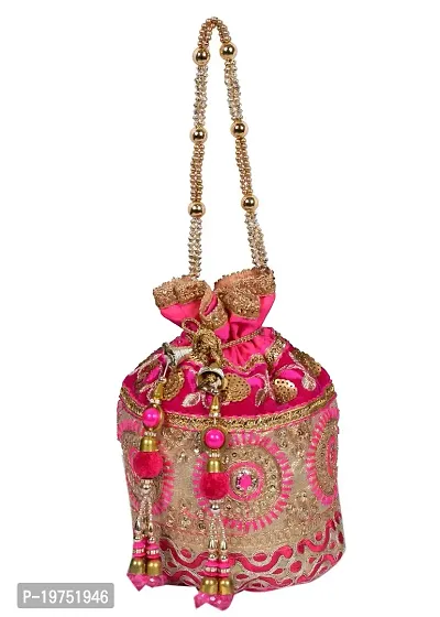 SUNVIKA HOUSE Raw Silk Floral Ethnic Rajasthani Multicolor Embroidered Potli Bag Handbag, Wristlets, Clutch for Women, Girls with Handmade (16 X 11 X 21 Cm) Color : Pink