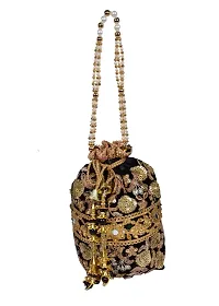 SUNVIKA HOUSE Raw Silk Floral Ethnic Rajasthani Multicolor Embroidered Potli Bag Handbag, Wristlets, Clutch for Women, Girls with Handmade (16 X 11 X 21 Cm) Color : Black-thumb4
