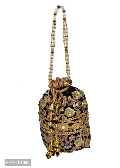 SUNVIKA HOUSE Raw Silk Floral Ethnic Rajasthani Multicolor Embroidered Potli Bag Handbag, Wristlets, Clutch for Women, Girls with Handmade (16 X 11 X 21 Cm) Color : Black-thumb5