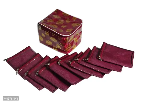 SUNVIKA HOUSE Brocade Jewellery Box/Organizer Set of 10 Pouch organizer | Design : solid | Color : mehrun | Material :brocade | Pack of 1