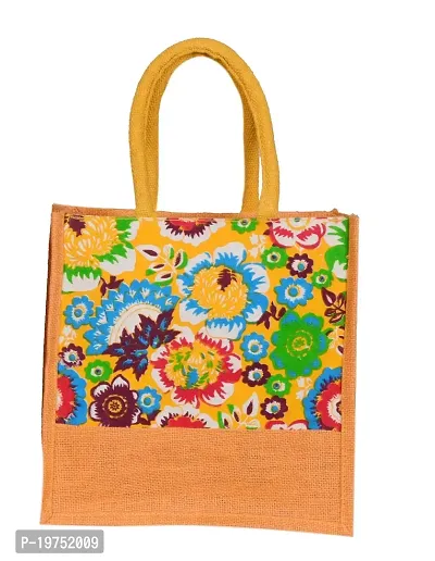 SUNVIKA HOUSE Eco-Friendly Jute Hand Bag Floral Print Reusable Tiffin Shopping Grocery Multipurpose Hand Bag with Zip  Handle for Men and Women Daily Use Carry Bag - Yellow