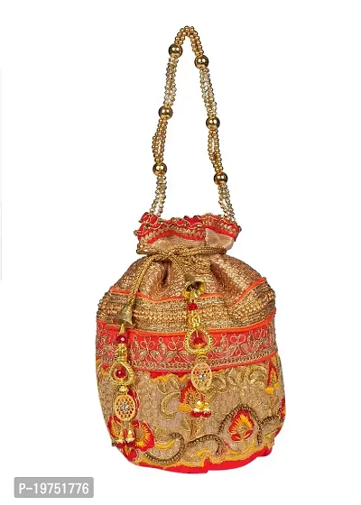 SUNVIKA HOUSE Raw Silk Floral Ethnic Rajasthani Multicolor Embroidered Potli Bag Handbag, Wristlets, Clutch for Women, Girls with Handmade (16 X 11 X 21 Cm) Color : Orange