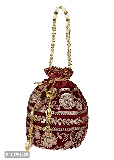SUNVIKA HOUSE Raw Silk Floral Ethnic Rajasthani Multicolor Embroidered Potli Bag Handbag, Wristlets, Clutch for Women, Girls with Handmade (16 X 11 X 21 Cm) Color : Red