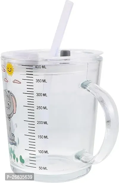 Milk Glass with Straw, Glass Milk Cup with Measuring, Measuring Jug with Lid and Silicone Straw for Any Person, Heat-Resistant for Milk Juice Iced Tea Coffee for Microwave, 400ml, Elephant