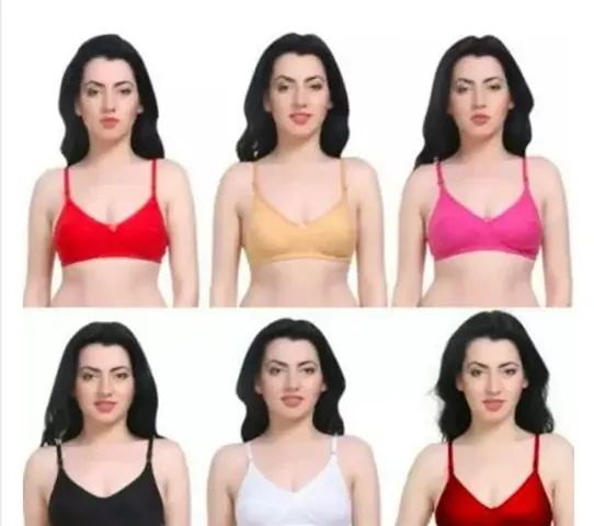 Pack Of 6 Elegant Cotton Blend Solid Non Padded Everyday Bras For Women