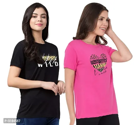 Fflirtygo Women's Cotton Printed Stylish T-Shirt for Women Casual Wear/Sportswear Printed Slim Fit T-Shirt Combo Pack of 2Pcs-thumb3