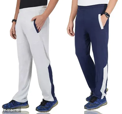 Fflirtygo Men's Regular Fit Grey and Blue Color Half Stripe Cotton Track Pants for Mens-thumb3