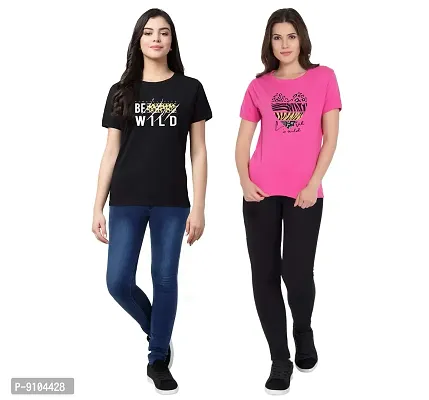 Fflirtygo Women T-Shirt Combo Pack Printed Stylish T-Shirt for Women Casual Wear/Sportswear Black and Pink Color-thumb0