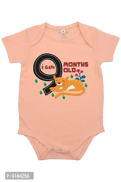 Fflirtygo Baby Wear 100% Hosiery Cotton Infants Jumpsuit/Rompers Half Sleeves/Body Suit with Envelop Neck Romper for Boys and Girls I Am 9 Month Old Printed on Peach
