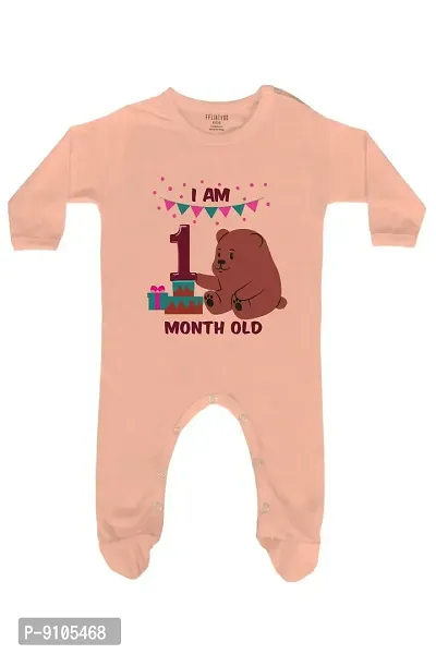 FflirtyGo One Month Birthday Special Unisex Baby Romper Full Sleeve with Booties/Sleepsuit/Jumpsuit Peach Color Full Rompers