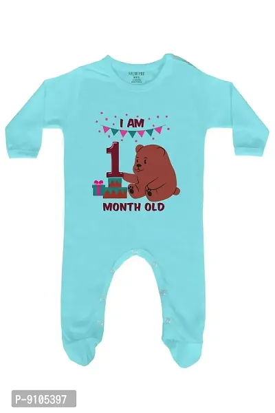 FflirtyGo One Month Birthday Special Unisex Baby Romper Full Sleeve with Booties/Onesies/Body Suit/Sleepsuit/Jumpsuit Light Blue Color Full Rompers