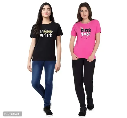 Fflirtygo Women's Cotton Printed Stylish T-Shirt for Women Casual Wear | Sportswear | Leisurewear Printed T-Shirt Combo Pack of 2Pcs