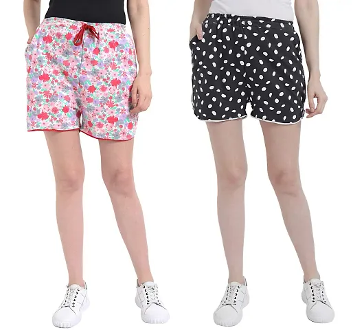 Fflirtygo Women Cotton Shorts Combo Pack, High Waist Casual Wear Cotton Shorts for Women, Lounge Wear Shorts for Women Stylish Prints and Color May Vary (Assorted Pack)