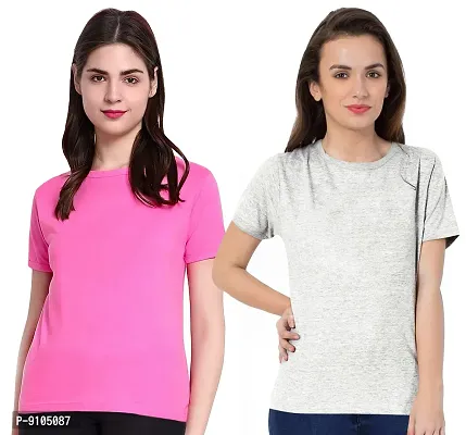 Fflirtygo Combo of Women's Cotton Solid Stylish T-Shirt for Women Casual Wear/Sportswear Pink and Grey Color T-Shirt-thumb0