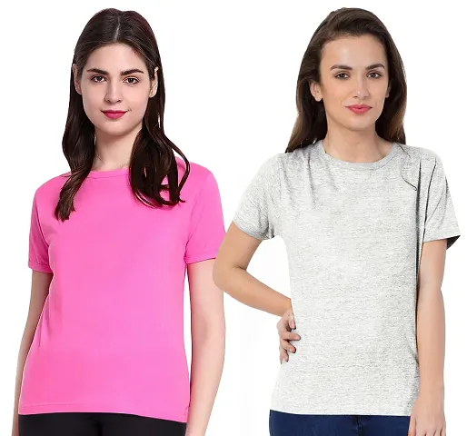 Fflirtygo Combo of Women's Cotton Solid Stylish T-Shirt for Women Casual Wear/Sportswear Pink and Grey Color T-Shirt