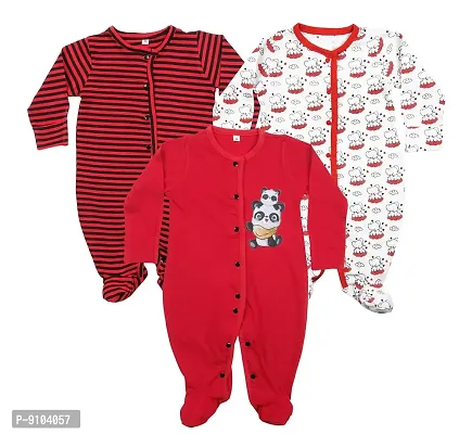 Fflirtygo Baby Wear 100% Hosiery Cotton Infants Rompers with Booties/Body Suit/Jumpsuit/Onesies/Sleepsuit Full Sleeve Red Colour Romper for Boys and Girls Set of 3 Combo Pack-thumb0