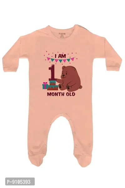 FflirtyGo One Month Birthday Special Unisex Baby Romper Full Sleeve with Booties/Onesies/Body Suit/Sleepsuit/Jumpsuit Peach Color Full Rompers