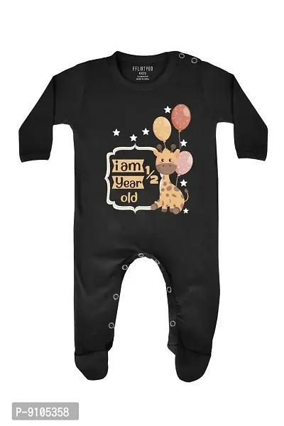 FflirtyGo Six Month Birthday Special Unisex Baby Romper Full Sleeve with Booties/Onesies/Body Suit/Sleepsuit/Jumpsuit Black Color Full Rompers
