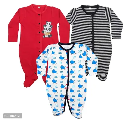 Fflirtygo Baby Wear 100% Hosiery Cotton Infants Onesies/Jumpsuit/Rompers with Booties/Body Suit/Sleepsuit Full Sleeve Multi Colour Romper for Boys and Girls Set of 3 Combo Pack