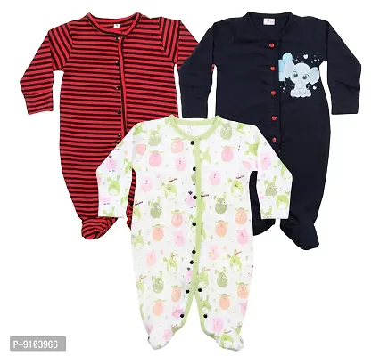 Fflirtygo Baby Wear 100% Hosiery Cotton Infants Onesies/Jumpsuit/Rompers with Booties/Body Suit/Sleepsuit Full Sleeve Multi Colour Romper for Boys and Girls Set of 3 Combo Pack-thumb0