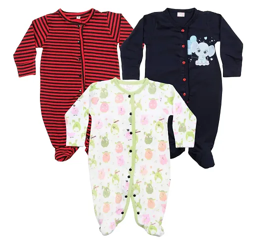 Fflirtygo Baby Wear 100% Hosiery Cotton Infants Onesies/Jumpsuit/Rompers with Booties/Body Suit/Sleepsuit Full Sleeve Multi Colour Romper for Boys and Girls Set of 3 Combo Pack