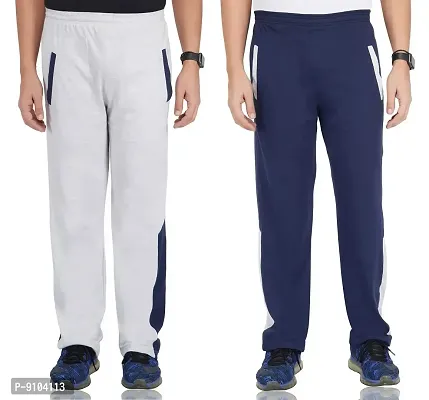 Fflirtygo Men's Regular Fit Grey and Blue Color Half Stripe Cotton Track Pants for Mens
