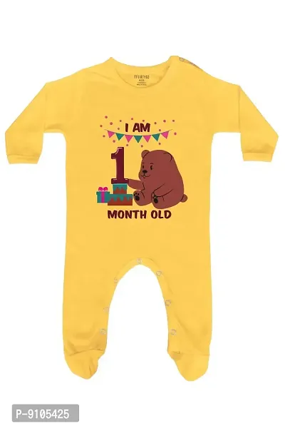 FflirtyGo One Month Birthday Special Unisex Baby Romper Full Sleeve with Booties/Sleepsuit/Jumpsuit Yellow Color Full Rompers-thumb0