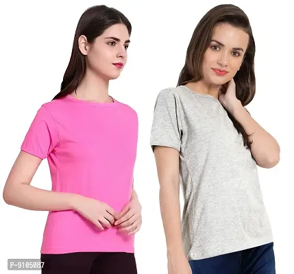 Fflirtygo Combo of Women's Cotton Solid Stylish T-Shirt for Women Casual Wear/Sportswear Pink and Grey Color T-Shirt-thumb4