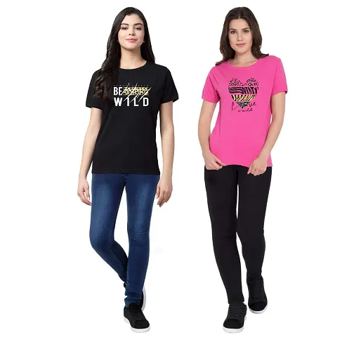 Fflirtygo Women's Cotton Printed Stylish T-Shirt for Women Casual Wear/Sportswear Printed Slim Fit T-Shirt Combo Pack of 2Pcs