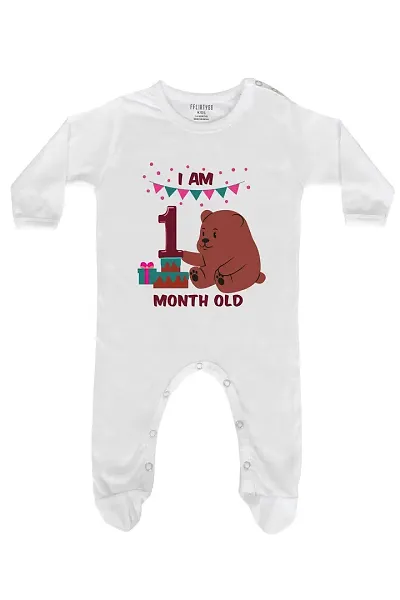 FflirtyGo One Month Birthday Special Unisex Baby Romper Full Sleeve with Booties/Sleepsuit/Jumpsuit Full Rompers