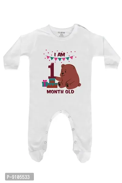 FflirtyGo One Month Birthday Special Unisex Baby Romper Full Sleeve with Booties/Onesies/Body Suit/Sleepsuit/Jumpsuit White Color Full Rompers-thumb0