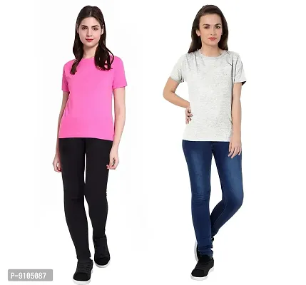 Fflirtygo Combo of Women's Cotton Solid Stylish T-Shirt for Women Casual Wear/Sportswear Pink and Grey Color T-Shirt-thumb3