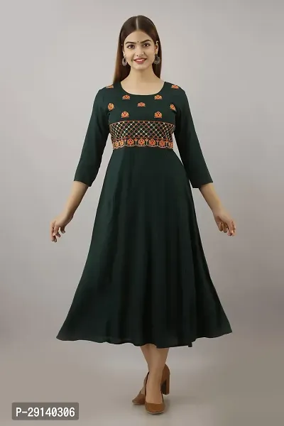 Women Touch Women Embroidered A line Kurta Dark Green-thumb0