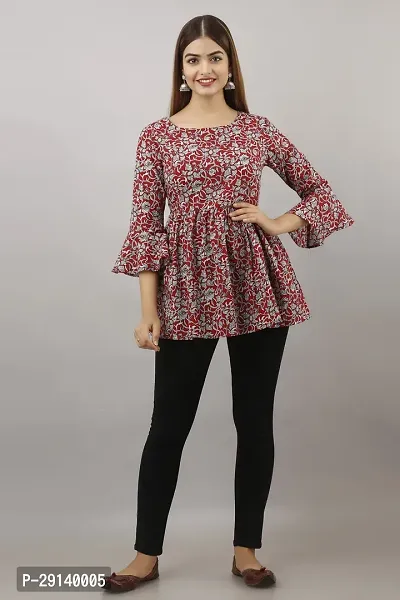 LifeSpan Casual Bell Sleeve Floral Print Women Red Top