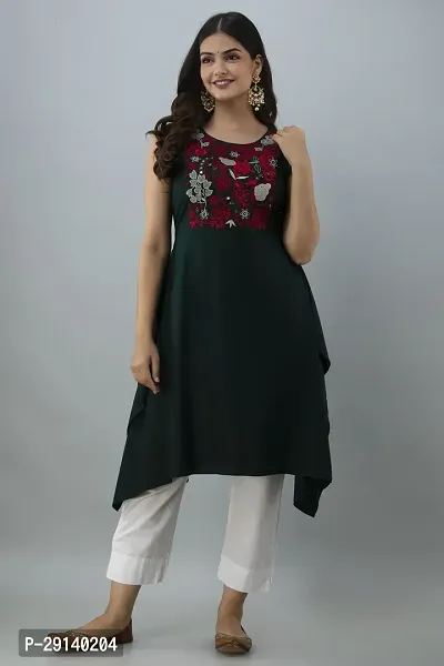 Women Touch Women Embroidered Asymmetric Kurta Green-thumb3