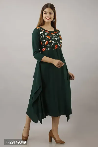 Women Touch Women Embroidered A line Kurta Dark Green-thumb2