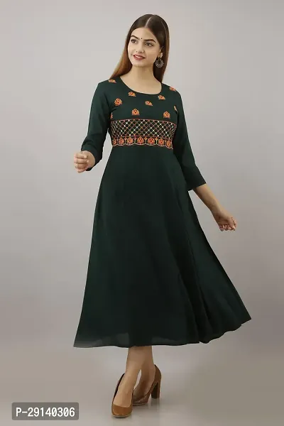 Women Touch Women Embroidered A line Kurta Dark Green-thumb3