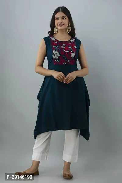 Women Touch Women Embroidered Asymmetric Kurta Blue-thumb0