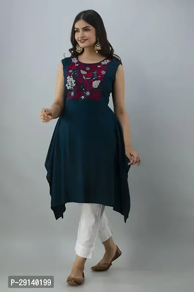 Women Touch Women Embroidered Asymmetric Kurta Blue-thumb3