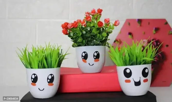 Pot Smiley Green Grass Artificial Plants for Home Decor  - Pack of 3