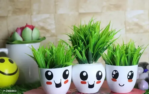 Pot Smiley Green Grass Artificial Plants for Home Decor  Pack of 3-thumb0